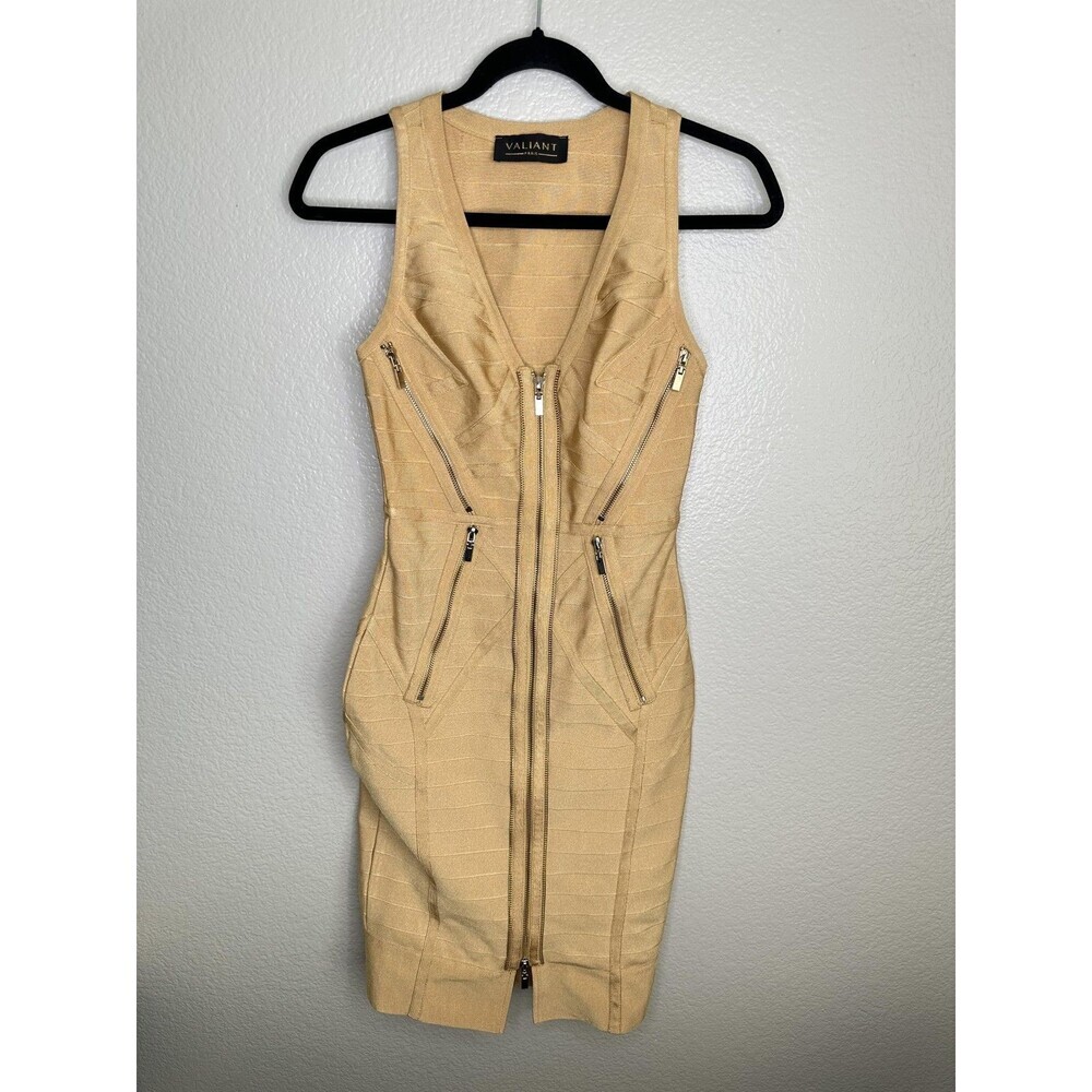 Valiant Paris Dress Womens S Beige Bandage Bodycon Zip Front Sleeveless Spicy